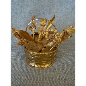 Vintage Hollywood Regency Mid Century Gold Floral 10 Cocktail Forks In Basket